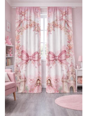 Bebişim Halı Kız Çocuk Odası Çift Kanatlı Fon Perde Şato Fiyonk Prenses Desenli