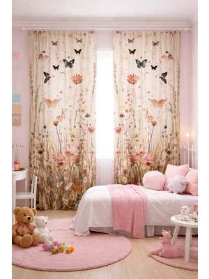 Bebişim Halı Çocuk Odası Çift Kanatlı Fon Perde Kelebekli Çiçek Tarlası Desenli