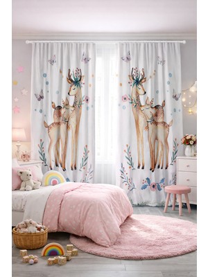 Bebişim Halı Bebek Çocuk Odası Çift Kanatlı Fon Perde Anne Yavru Geyik Desenli