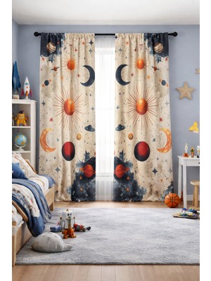 Bebişim Halı Çocuk Odası Çift Kanatlı Fon Perde Ay Güneş ve Gezegen Desenli