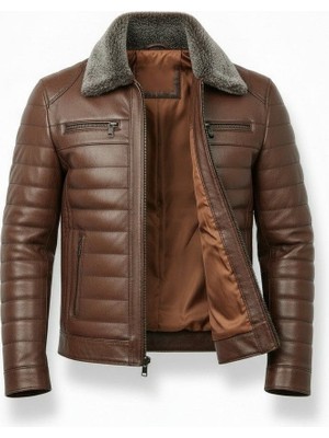 Derimontaya Erkek Hakiki Deri Mont Kahverengi Yakası Kürklü Ceket