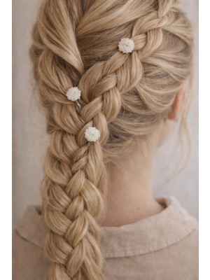 Eva Flore Beyaz Çiçekli Firkete Tel Toka, Mini Gelin Saç Aksesuarı 3 Adet