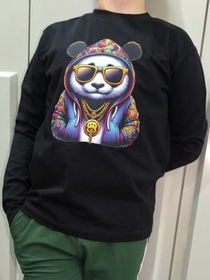 Pidal Giyim Hip-Hop Panda Temalı Pamuklu Uzun Kollu Erkek Çocuk Sweatshirt