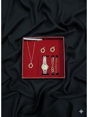 Huma Butik Takı Aksesuar Kadın Saat ve Takı Seti | Kırmızı Kutulu Şık Tasarım | Kolye Küpe Bileklik