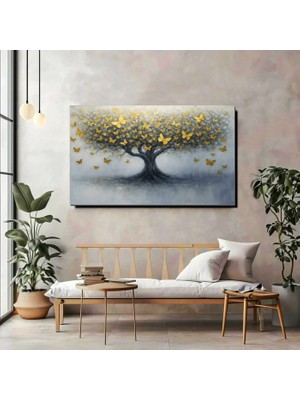 Artprinta Altın Kelebekli Ağaç Kanvas Tablo – Modern Soyut Doğa Duvar Dekoru