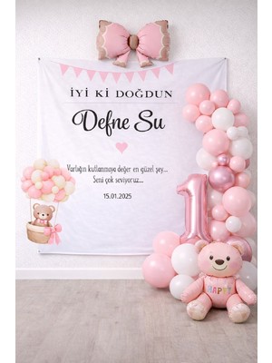 Bkmc Party Isme Özel Ayıcıklı & Fiyonklu Premium Yaş Doğum Günü Parti Seti Süsü – Branda Dahil