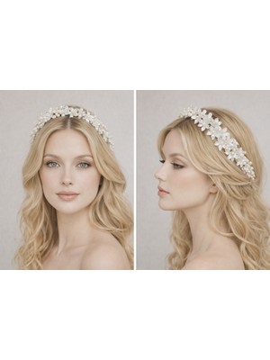 Eva Flore Incili Beyaz Çiçekli Gelin Lohusa Tacı