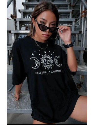 Amor Face Büyük Beden Özel Tasarım Sun-Moon Baskılı %100 Pamuk Oversize Battal Kadın T-Shırt