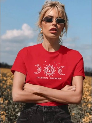 Amor Face Büyük Beden Özel Tasarım Sun-Moon Baskılı %100 Pamuk Oversize Battal Kadın T-Shırt