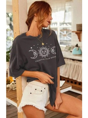 Amor Face Büyük Beden Özel Tasarım Sun-Moon Baskılı %100 Pamuk Oversize Battal Kadın T-Shırt