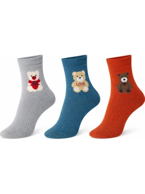 İpeksi 3 Çift Teddy Ayıcık Desenli Organik Pamuk Penye Tenis Kolej Çorap