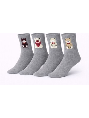 İpeksi 4 Çift Teddy Ayıcık Desenli Dikişsiz Organik Pamuk Penye Tenis Kolej Çorap
