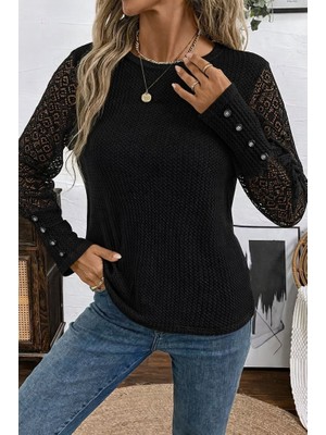 Başak Collection Kadın Uzun Kollu Bisiklet Yaka Kolları Tüllü Waffle Bluz