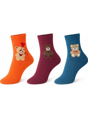İpeksi 3 Çift Teddy Ayıcık Desenli Organik Pamuk Penye Tenis Kolej Çorap