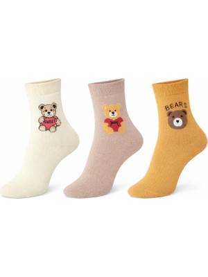 İpeksi 3 Çift Teddy Ayıcık Desenli Organik Pamuk Penye Tenis Kolej Çorap