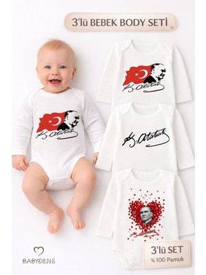 Babyden's Atatürk Temalı 3’lü Bebek Body Seti | %100 Pamuk | Uzun Kollu Çıtçıtlı Zıbın Body