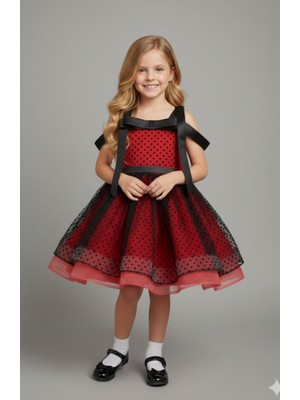 Kız Çocuk Askılı Fiyonk Süsleme Astarlı Saten Üzeri Tül Sırt Lastikli Abiye