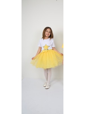 ÜMİTEKS WORLD OF CLOTHES 23 Nisan Gösteri Kıyafeti Sarı Tütü Etek ve Yıldız Tişört Takım 23 Nisan Kostüm Kıyafet