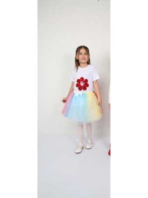 Ümiteks ÜMİTEKS WORLD OF CLOTHES 23 Nisan Gösteri Kıyafeti Kız Çocuk Gökkuşuğı Tütü Etek Kırmızı Papatya Tişört Ile Birlikte Takım