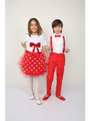 ÜMİTEKS WORLD OF CLOTHES 23 Nisan Gösteri Kıyafeti Kız Çocuk Kırmızı Fiyonklu Badi ve Puantiyeli Kırmızı Tütü Etek Ile Takım