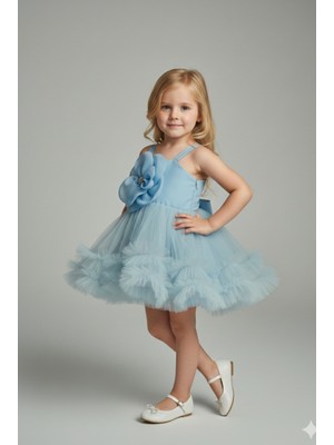 Kız Bebek-Çocuk Askılı Çiçek Aplike Sırt Lastikli Eteği Tül Astarlı Abiye