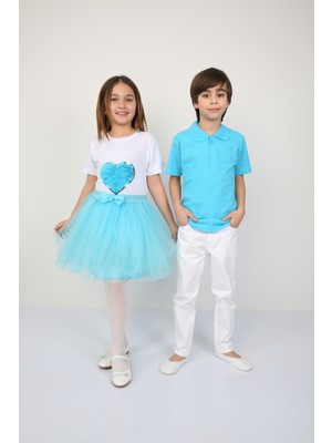 Ümiteks ÜMİTEKS WORLD OF CLOTHES 23 Nisan Gösteri Kıyafeti Kız Çocuk Turkuaz Kalpli Badi ve Turkuaz Tütü Etek Ile Birlikte Takım