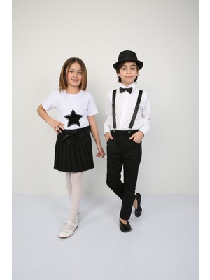 ÜMİTEKS WORLD OF CLOTHES 23 Nisan Gösteri Kıyafeti Kız Çocuk Siyah Yıldız Badi ve Siyah Pliseli Etek Alt Üst Takım