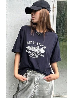 Amor Face Büyük Beden Özel Tasarım Age Of Steam Baskılı %100 Pamuk Oversize Battal Kadın T-Shırt