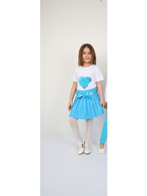 ÜMİTEKS WORLD OF CLOTHES 23 Nisan Gösteri Kıyafeti Kız Çocuk Turkuaz Pileli Etek ve Kapli Badi Takım Gösteri Kıyafeti Kostüm