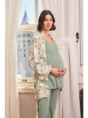 Hayat Store Arias Closet Çiçek ve Yaprak Desenli Dantelli Hamile Lohusa 3'lü Pijama Takımı