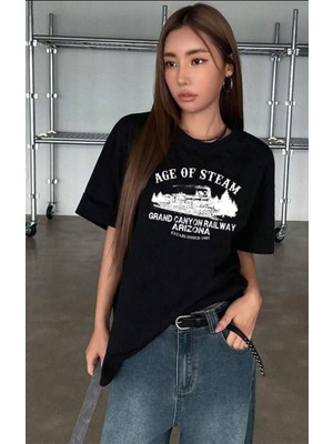 Amor Face Büyük Beden Özel Tasarım Age Of Steam Baskılı %100 Pamuk Oversize Battal Kadın T-Shırt