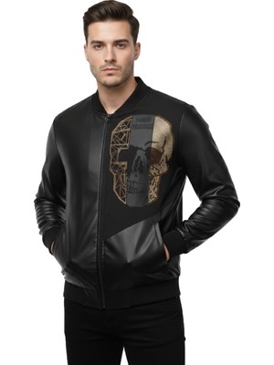 Deepsea Siyah Taş Işlemeli Kuru Kafa Desenli Dar Kesim Likralı Suni Deri Erkek Ceket 2600602