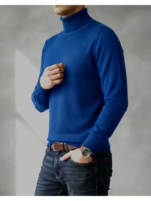 Sdnyazo Premium Erkek Kaşmir Ve Yünlü Açık Lacivert Tam Balıkçı Yaka Slim Fit Fitilli Triko Kazak