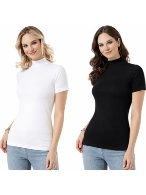 Kota 2'li Paket Kadın Yarım Balıkçı Yaka Kısa Kollu Body Atlet-Esnek Pamuklu