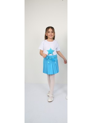 Ümiteks ÜMİTEKS WORLD OF CLOTHES 23 Nisan Gösteri Kıyafeti Kız Çocuk Turkuaz Pileli Etek Yıldız Tişört Takım Gösteri Kostümü Takım