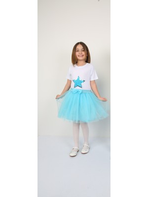 ÜMİTEKS WORLD OF CLOTHES 23 Nisan Gösteri Kıyafeti Kız Çocuk Turkuaz Pileli Etek Yıldız Tişört Takım Gösteri Kostümü Takım