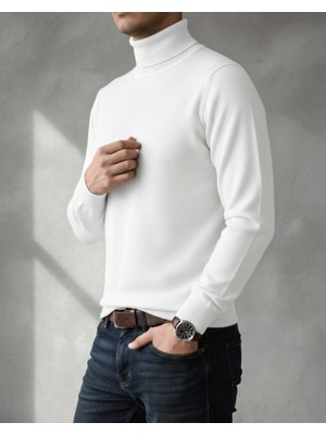 Sdnyazo Premium Erkek Beyaz Balıkçı Yaka Slim Fit Triko Kazak