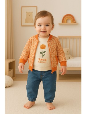 Unisex Kahverengi ve Turuncu Kapitone Ceket Tişört ve Balon Pantolon 3'lü Takım Set