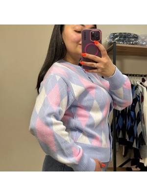 Mavi Baklava Desenli Bisiklet Yaka Kadın Hırka