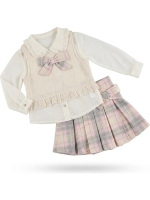 Kız Çocuk Ekose Etekli Şık Takım – Uzun Kollu Gömlek ve Yelekli Bayramlık Kombin