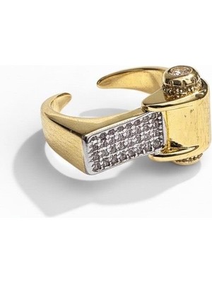 Cesicey Çelik Dörtgen Yüzük Zirkon Taşlı Ayarlanabilir Altın Renk