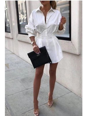 Marsilyan- Kadın Pamuk Polyester Kumaş Belden Pileli Gömlek Elbise