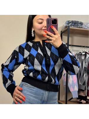 Lacivert Baklava Desenli Bisiklet Yaka Kadın Hırka