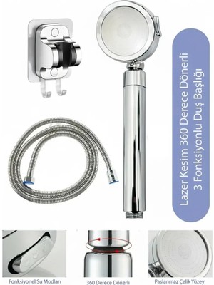 Ahlez 360 Derece Döner Tazyikli Fonksiyonlu El Duşu Yapışkan Mafsallı Duş Seti