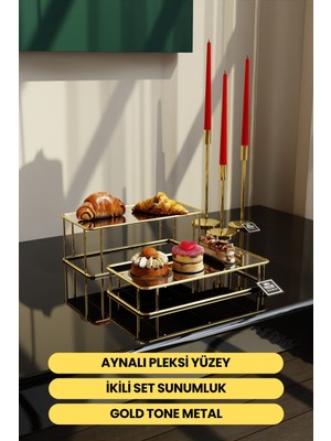 Özbience Gold Aynalı Sunum Tepsisi Seti, Dekoratif ve Şık 30X15CM