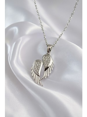 Jadem Gold 316L Çelik Gümüş Renk Zirkon Taşlı Kanat Model Kadın Kolye