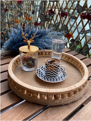 Özbience Ahşap Hasır Dekoratif Sepet, Mutfak Sunumluk ve Tepsi, Çap 27 cm