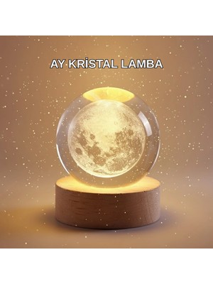 Marsilyan 8 cm Ay Desenli Kristal Küre Sıcak LED Işıklı Ahşap Tabanlı Oda Lambası