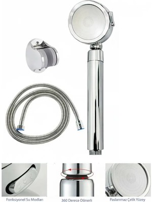 Ahlez 360 Derece Dönerli Tazyikli 3 Fonksiyonlu Mafsallı Duş Başlığı Seti Örgülü Hortumlu Duş Seti