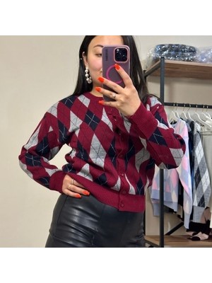 Bordo Baklava Desenli Bisiklet Yaka Kadın Hırka